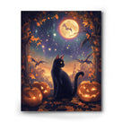 Black Cat and Pumpkins Halloween Whimsical Halloween Night Illustration Wall Art
