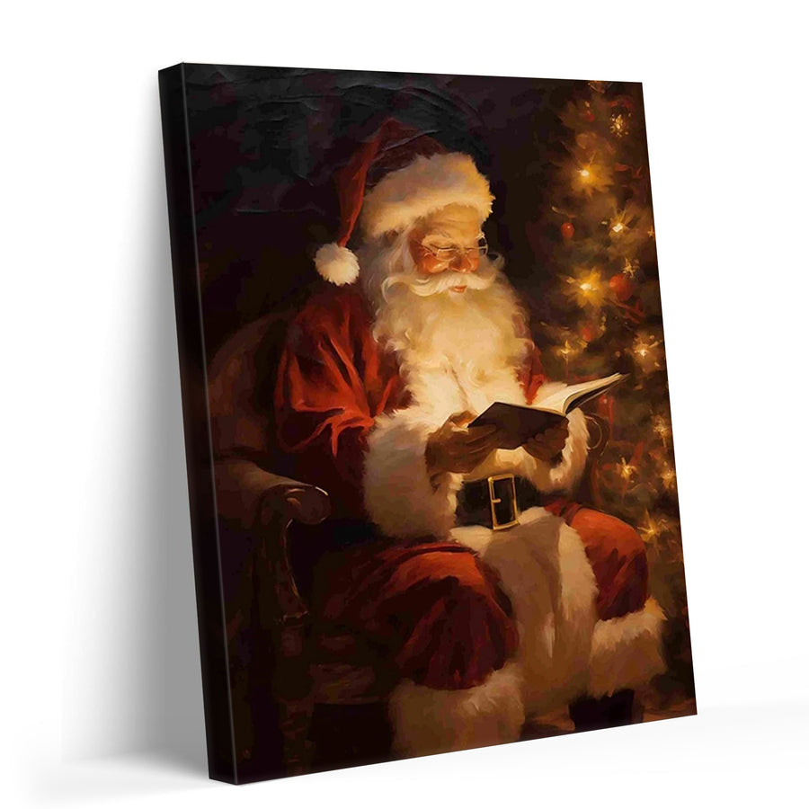 Vintage Santa Claus Christmas Canvas Wall Art, Santa Reading by the Christmas Tree