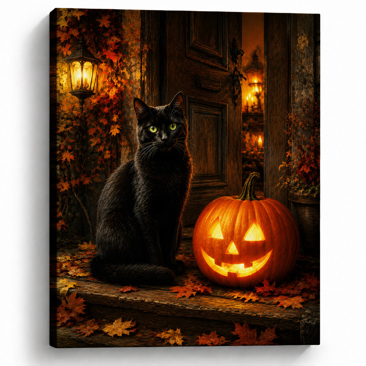 Black Cat and Pumpkin Halloween Canvas Wall Art, Gothic Fall Decor for Living Room, Bedroom and Entryway