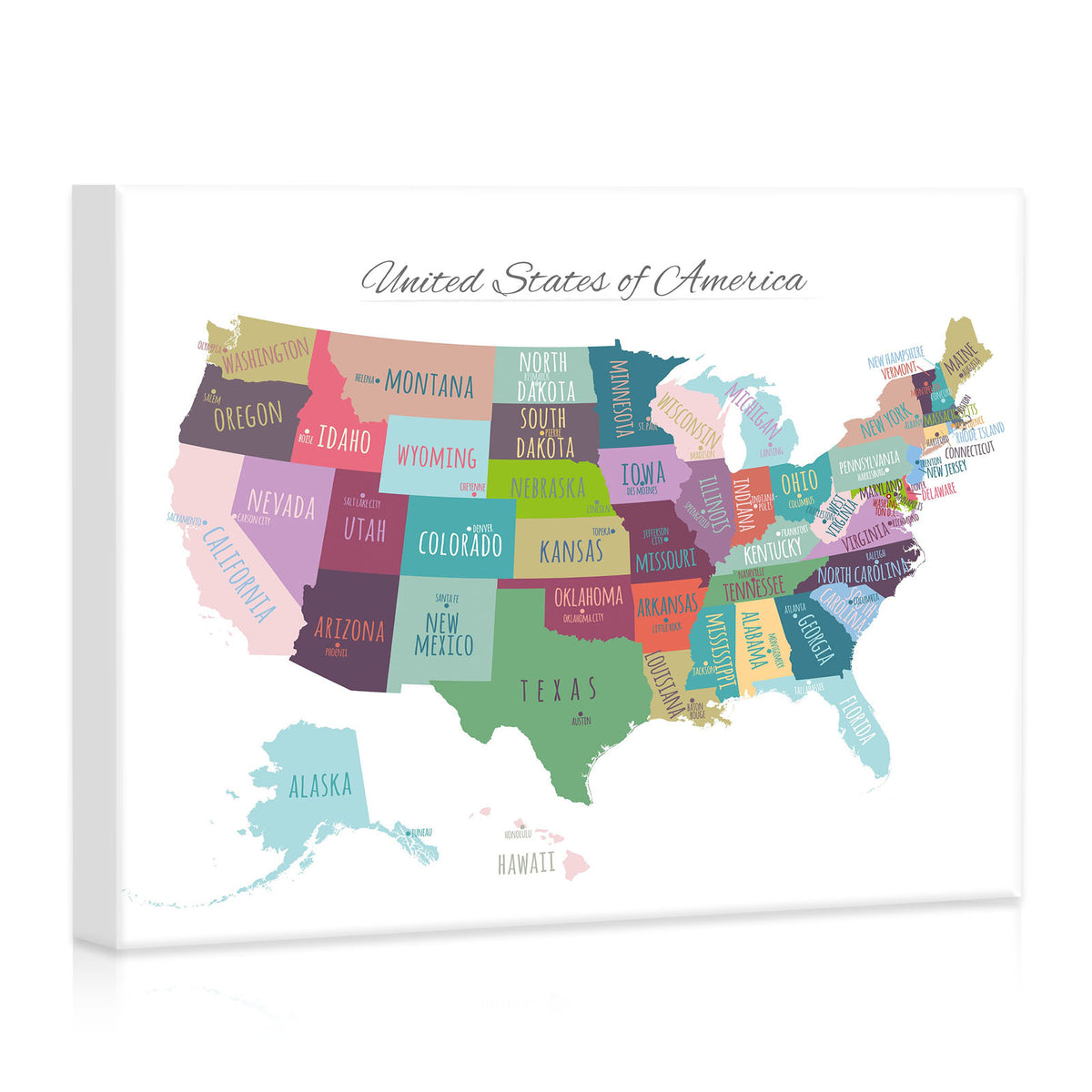 Colorful United States Map Wall Art – USA States and Capitals Canvas Print