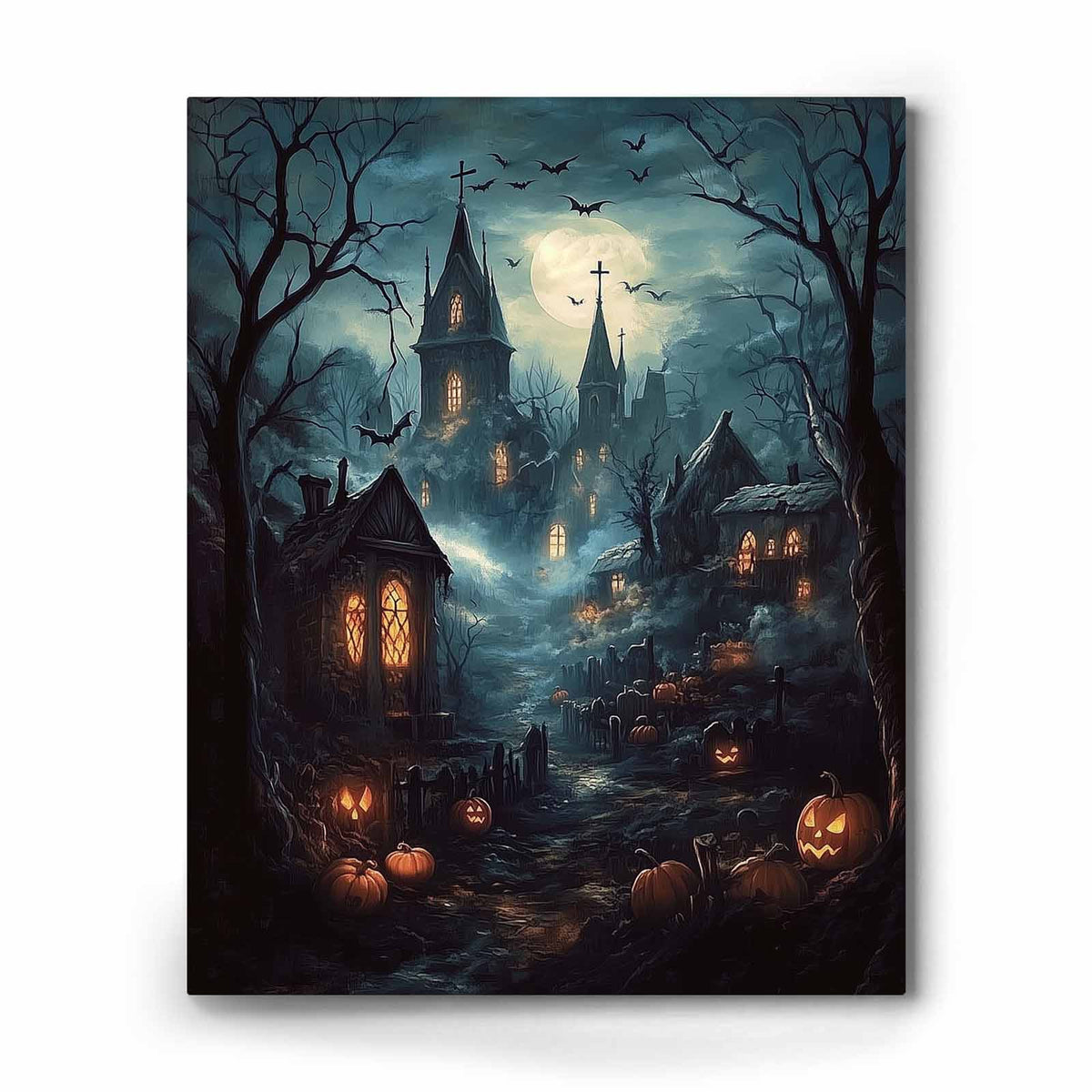 Moonlit Gothic Halloween Landscape Haunted Village Wall Art
