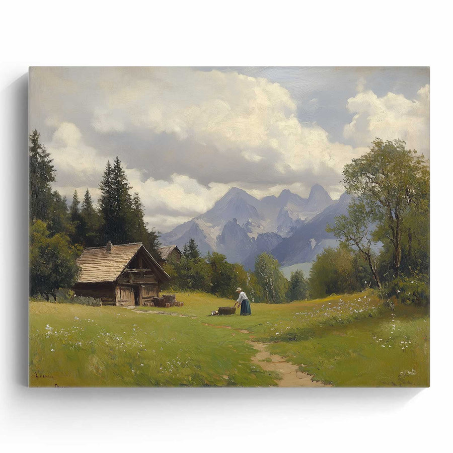 Impressionist Mountain Landscape Painting Alpine Mountain Cabin Wall Art