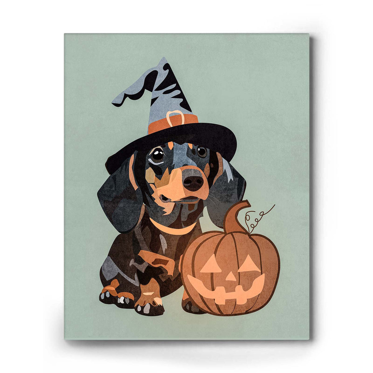 Halloween Dog and Pumpkin Cute Rottweiler Witch Hat Halloween Illustration Wall Art