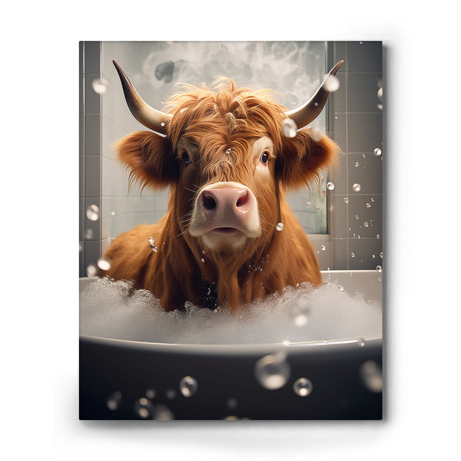 Highland Cow in the Bathtub Whimsical Surreal Animal Illustration Wall Art
