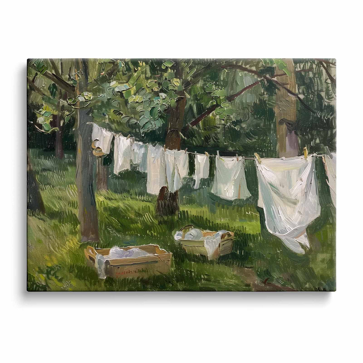 Rustic Garden Clothesline Impressionist Backyard Laundry Day Painting Wall Art