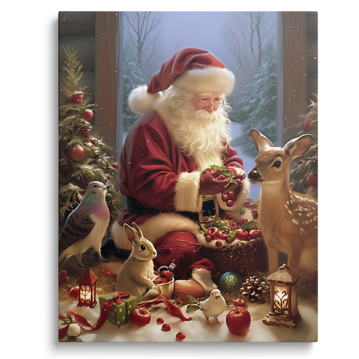 Santa Claus with Woodland Animals Christmas Canvas Wall Art, Whimsical Holiday Decor for Living Room and Nursery