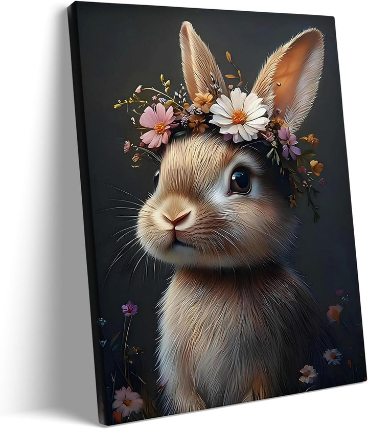 Easter Rabbit Framed Canvas Wall Art, Hare with Flower Crown Oil Painting Home Decor, Nature-Inspired Wall Decor Stunning Lovable Bunny Canvas Prints