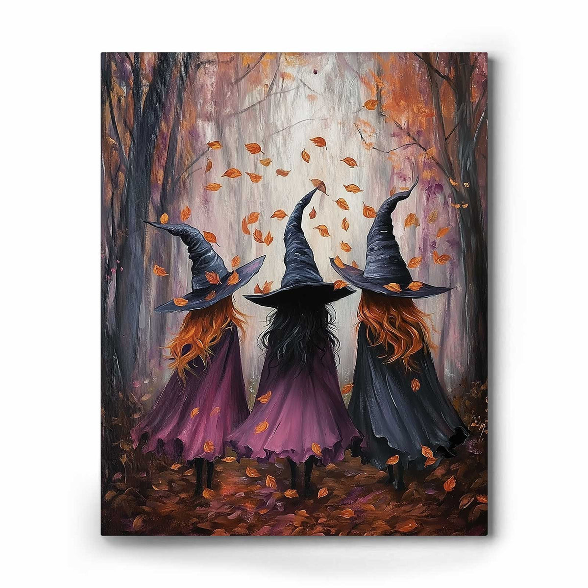 Three Witch Silhouettes Walking Through the Woods Painting Halloween Wall Art