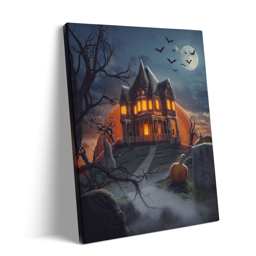 Ghostly Pumpkin Manor Halloween Canvas Wall Art