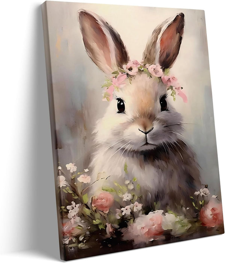 Floral Easter Bunny Canvas Wall Art, Bunny and Flowers Farmhouse Decor Cozy Easter Print Painting Spring Aesthetic Artwork, Holiday Gift Bedroom Living Room Decoration