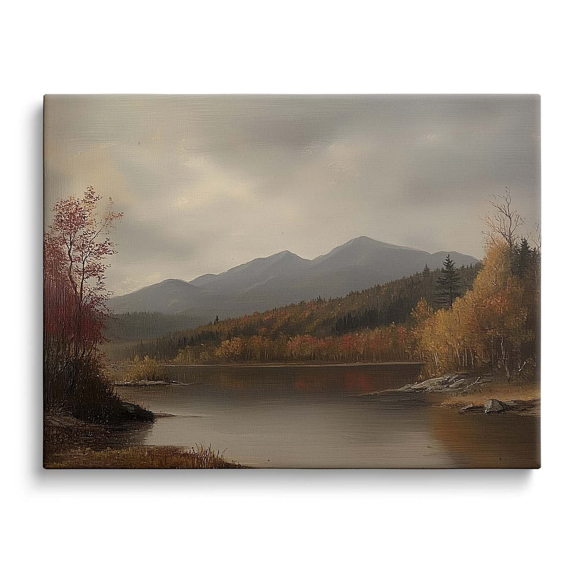 Autumn Misty Mountain Lake Landscape Painting Wall Art