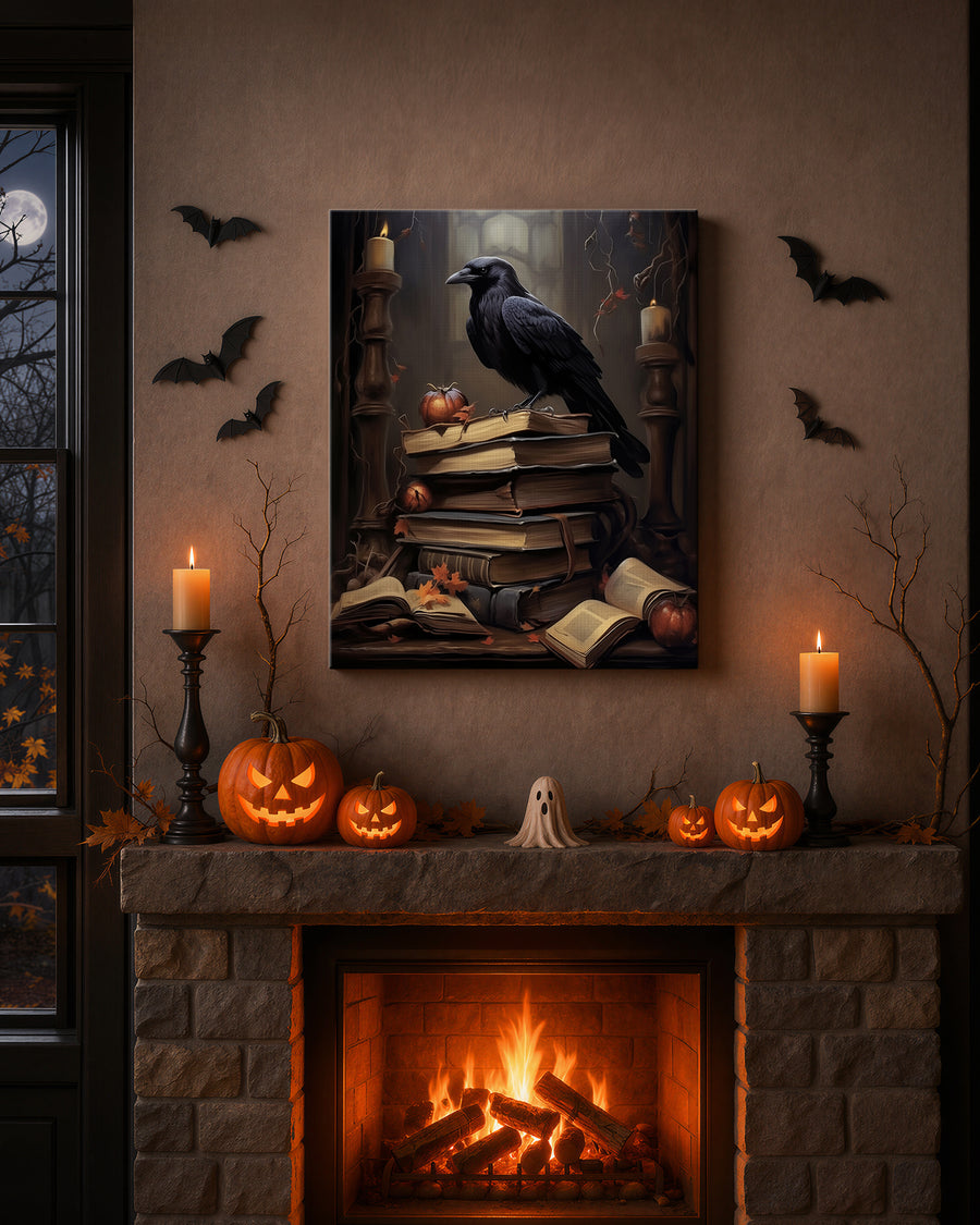 Halloween Raven Canvas Wall Art, Gothic Moonlit Bird Decor