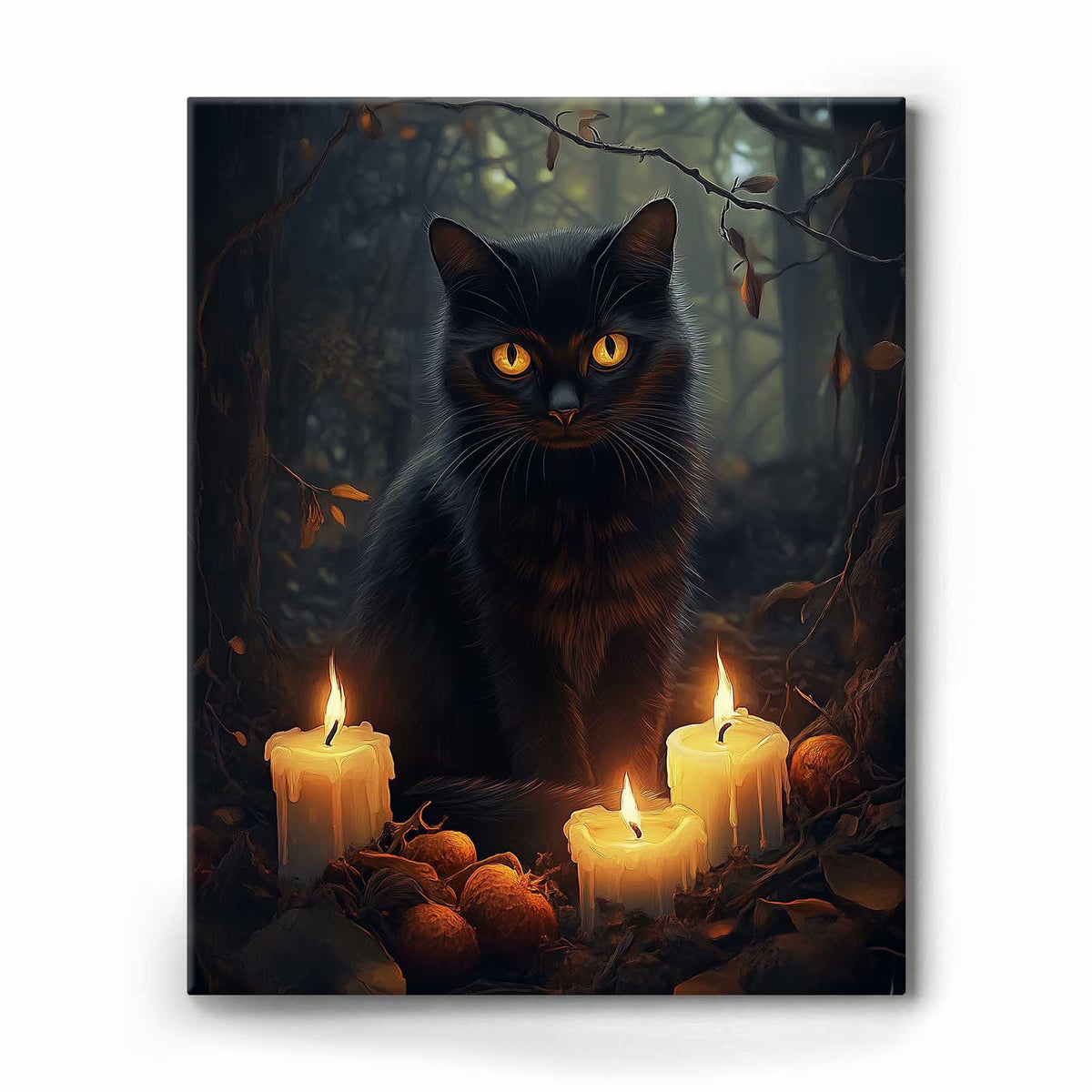 Enchanted Forest Black Cat Painting and Candles Halloween Wall Art