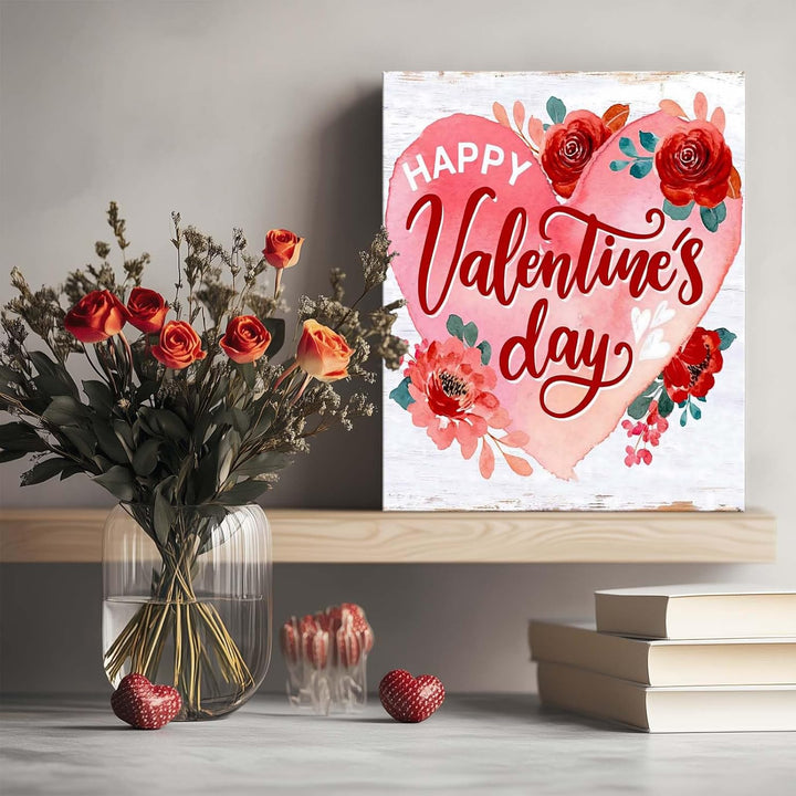 Romantic Heart Floral Print with Happy Valentine's Day Vintage Print Canvas