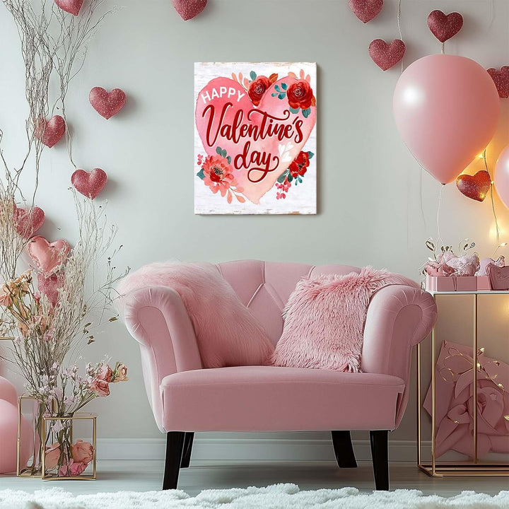 Romantic Heart Floral Print with Happy Valentine's Day Vintage Print Canvas
