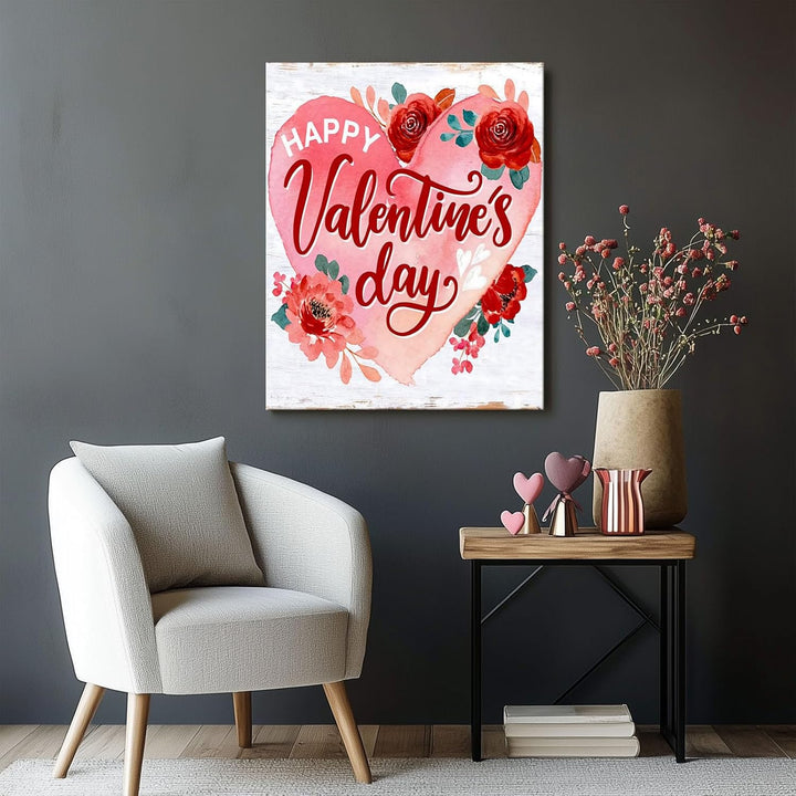 Romantic Heart Floral Print with Happy Valentine's Day Vintage Print Canvas