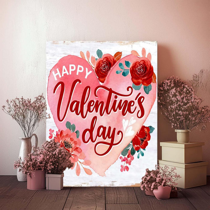 Romantic Heart Floral Print with Happy Valentine's Day Vintage Print Canvas