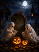 Cute Ghost and Pumpkin Halloween Canvas Wall Art, Whimsical Gothic Fall Decor for Home, Bedroom and Kids’ Room