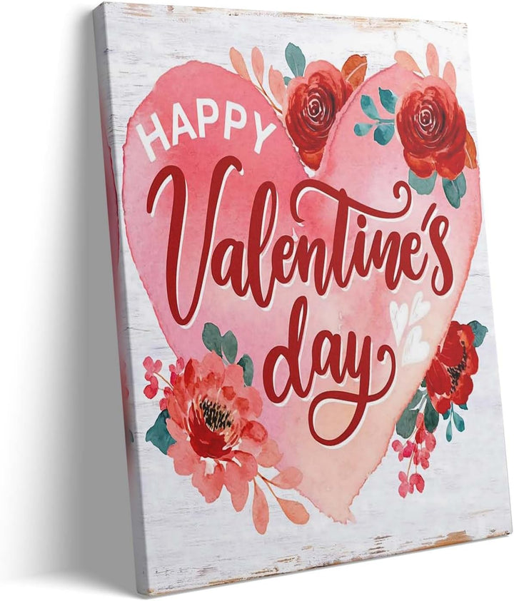 Romantic Heart Floral Print with Happy Valentine's Day Vintage Print Canvas