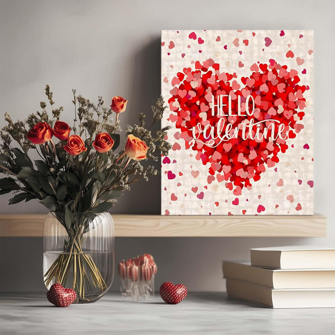 Romantic Pictures Print, Hello Valentine Red Heart Confetti Design