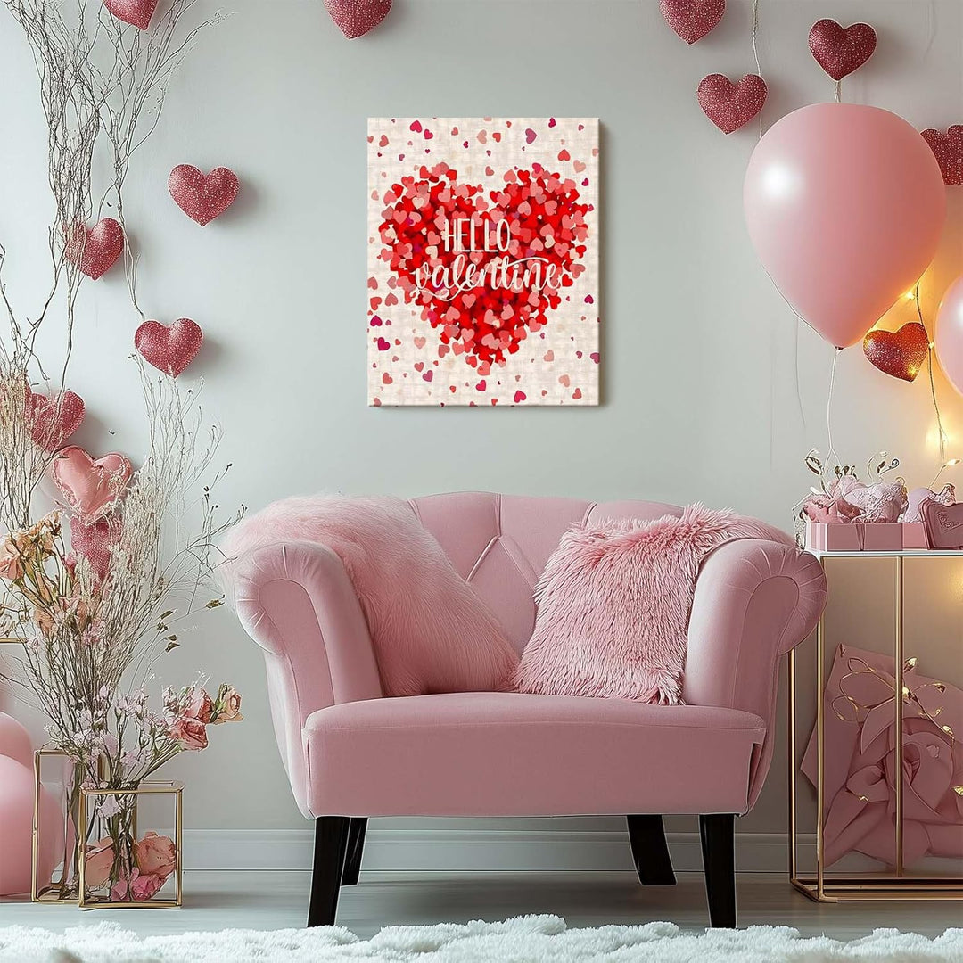Romantic Pictures Print, Hello Valentine Red Heart Confetti Design