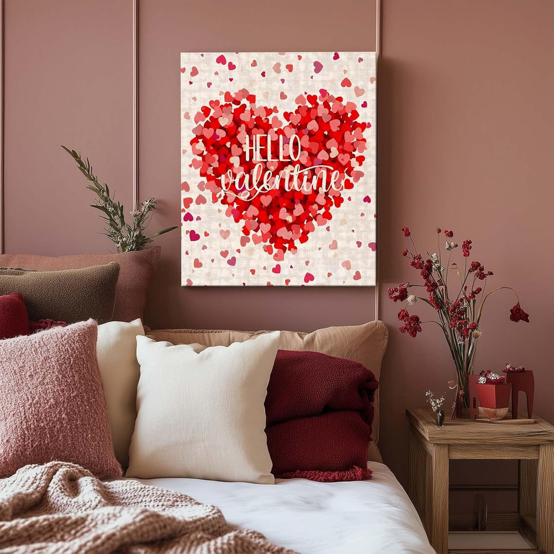Romantic Pictures Print, Hello Valentine Red Heart Confetti Design