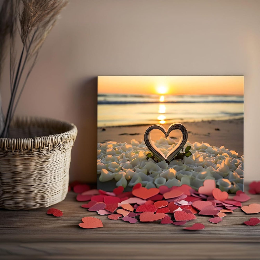 Vintage Valentine Pictures Print Romantic Beach Sunset Heart Design