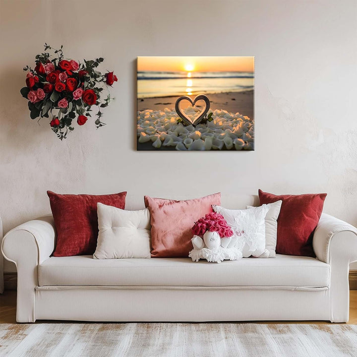 Vintage Valentine Pictures Print Romantic Beach Sunset Heart Design