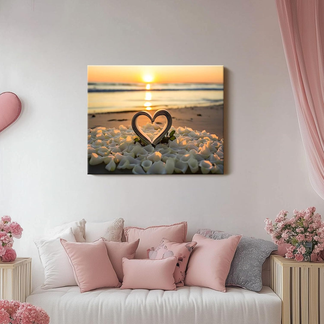 Vintage Valentine Pictures Print Romantic Beach Sunset Heart Design