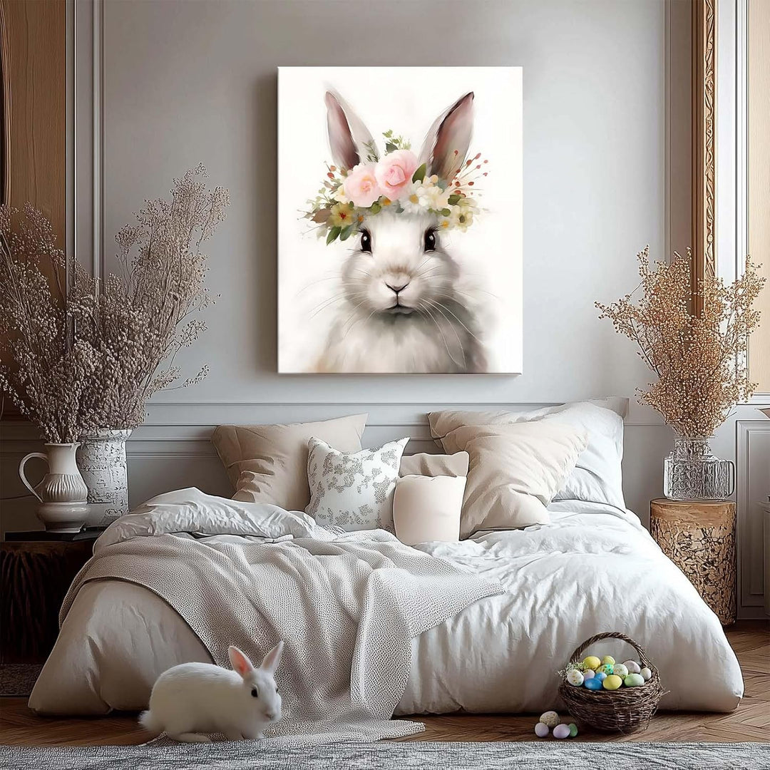 Easter Bunny Canvas Wall Art, Floral Bunny Farmhouse Decor Print Oil Painting Spring Aesthetic Artwork, Rustic Easter Charm Holiday Gift Bedroom Living Room Decoration