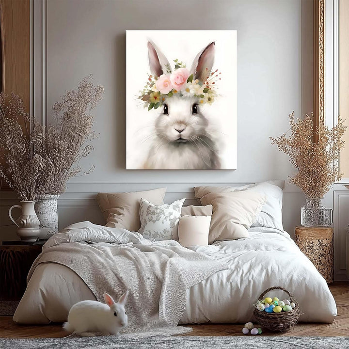 Easter Bunny Canvas Wall Art, Floral Bunny Farmhouse Decor Print Oil Painting Spring Aesthetic Artwork, Rustic Easter Charm Holiday Gift Bedroom Living Room Decoration