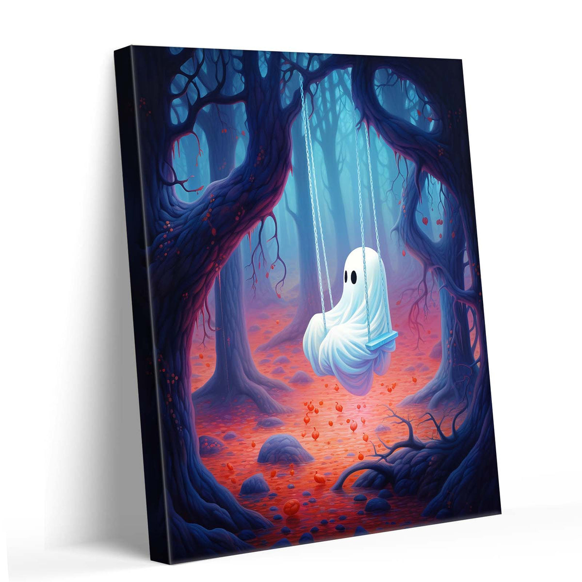 Cute Ghost on a Swing in an Enchanted Forest Illustration Halloween Wall Art