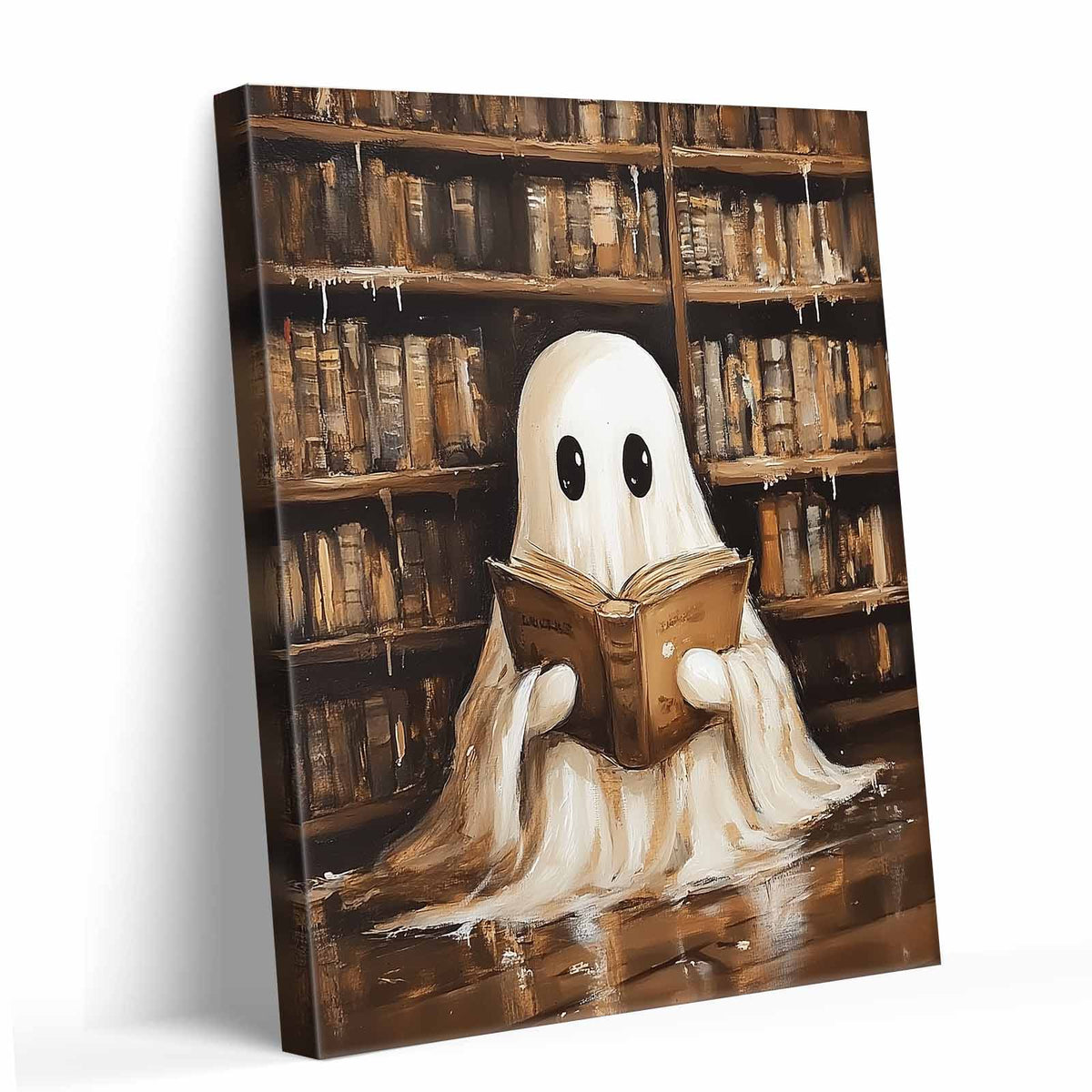 Cute Ghost Reading in the Library Whimsical Halloween Storybook Illustration Wall Art