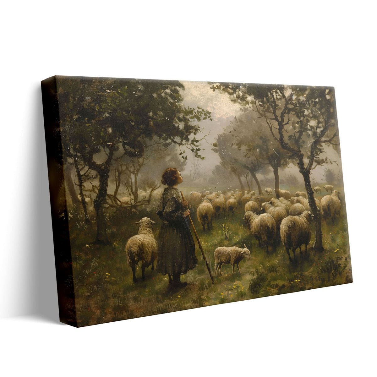 Atmospheric Pastoral Landscape Painting Shepherd and Sheep in the Misty Meadow Wall Art