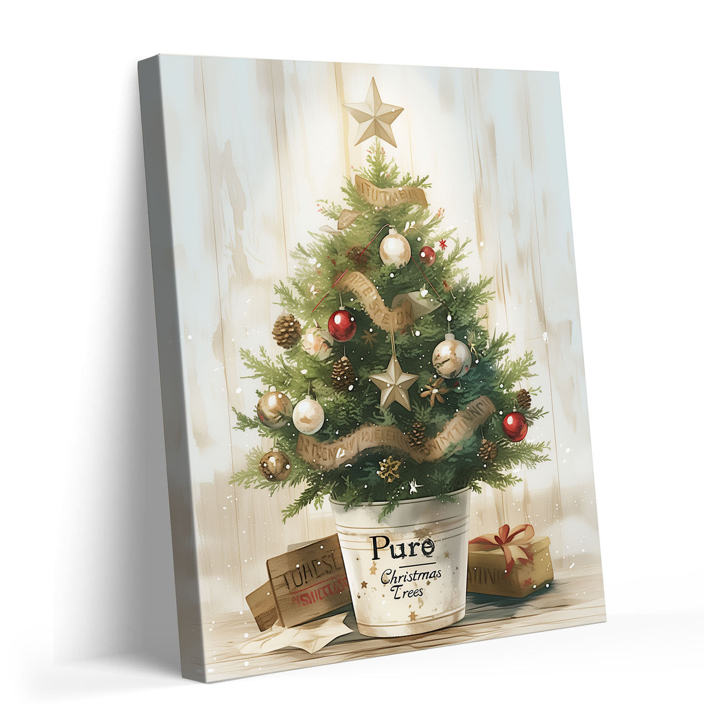 Small Christmas Tree Canvas Wall Art, Rustic Potted Christmas Tree with Ornaments and Gifts Holiday Decor