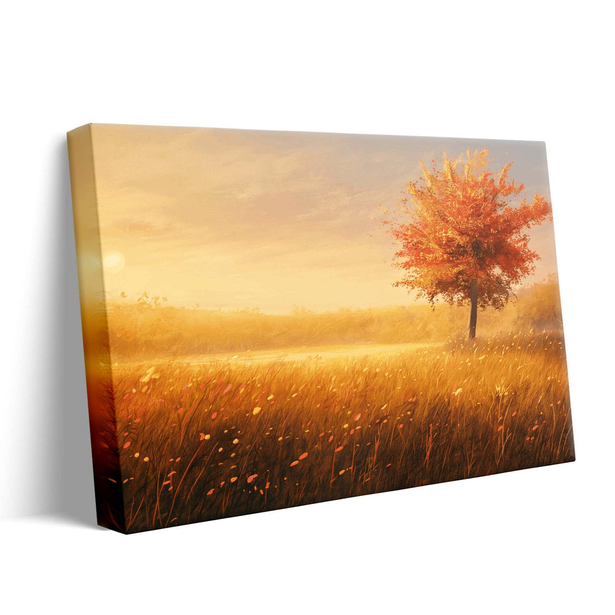 Golden Sunlit Autumn Meadow Landscape Tree Wall Art