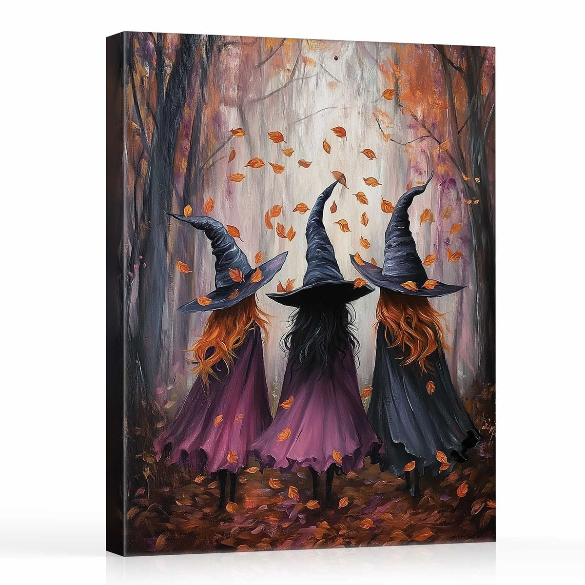 Three Witch Silhouettes Walking Through the Woods Painting Halloween Wall Art