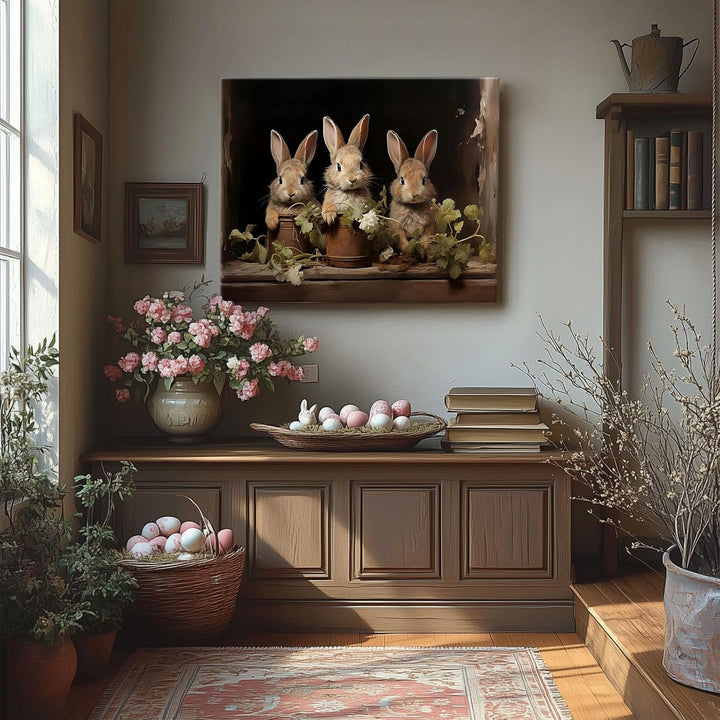 Easter Rabbits Framed Canvas Wall Art, Potted Hares and Plants Oil Painting Home Decor, Nature-Inspired Wall Decor Stunning Lovable Bunny Canvas Prints for Living Room, Bedroom, or Nursery