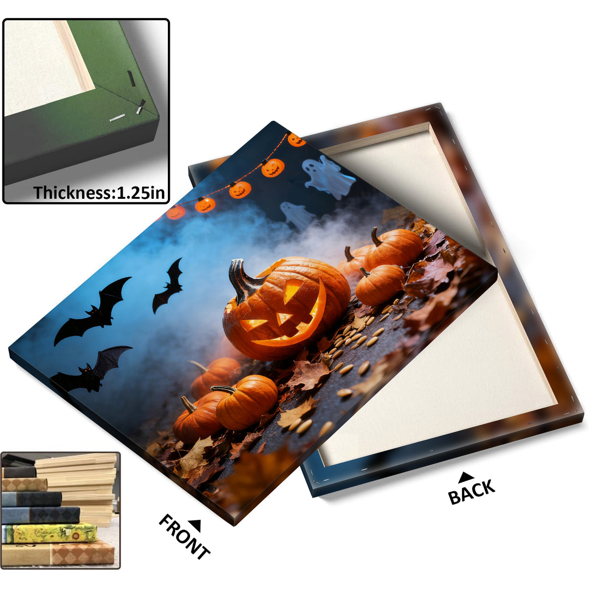 Pumpkin Patch Halloween Canvas Wall Art, Bats and Ghosts Decor