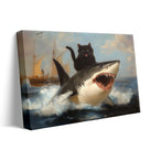 Black Cat Riding a Shark Whimsical Surreal Ocean Adventure Painting Wall Art