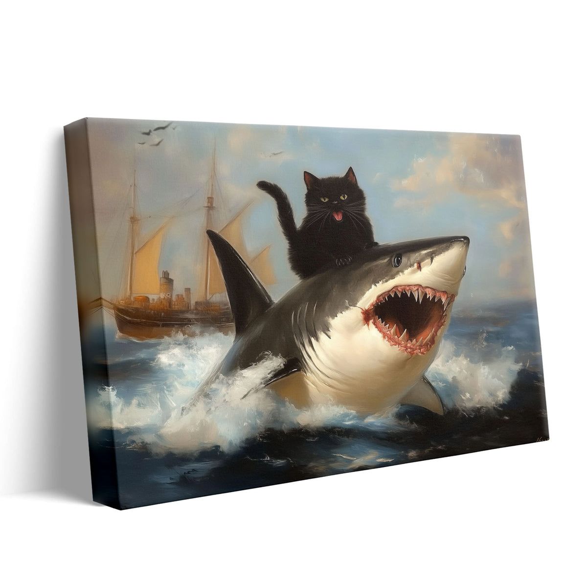 Black Cat Riding a Shark Whimsical Surreal Ocean Adventure Painting Wall Art