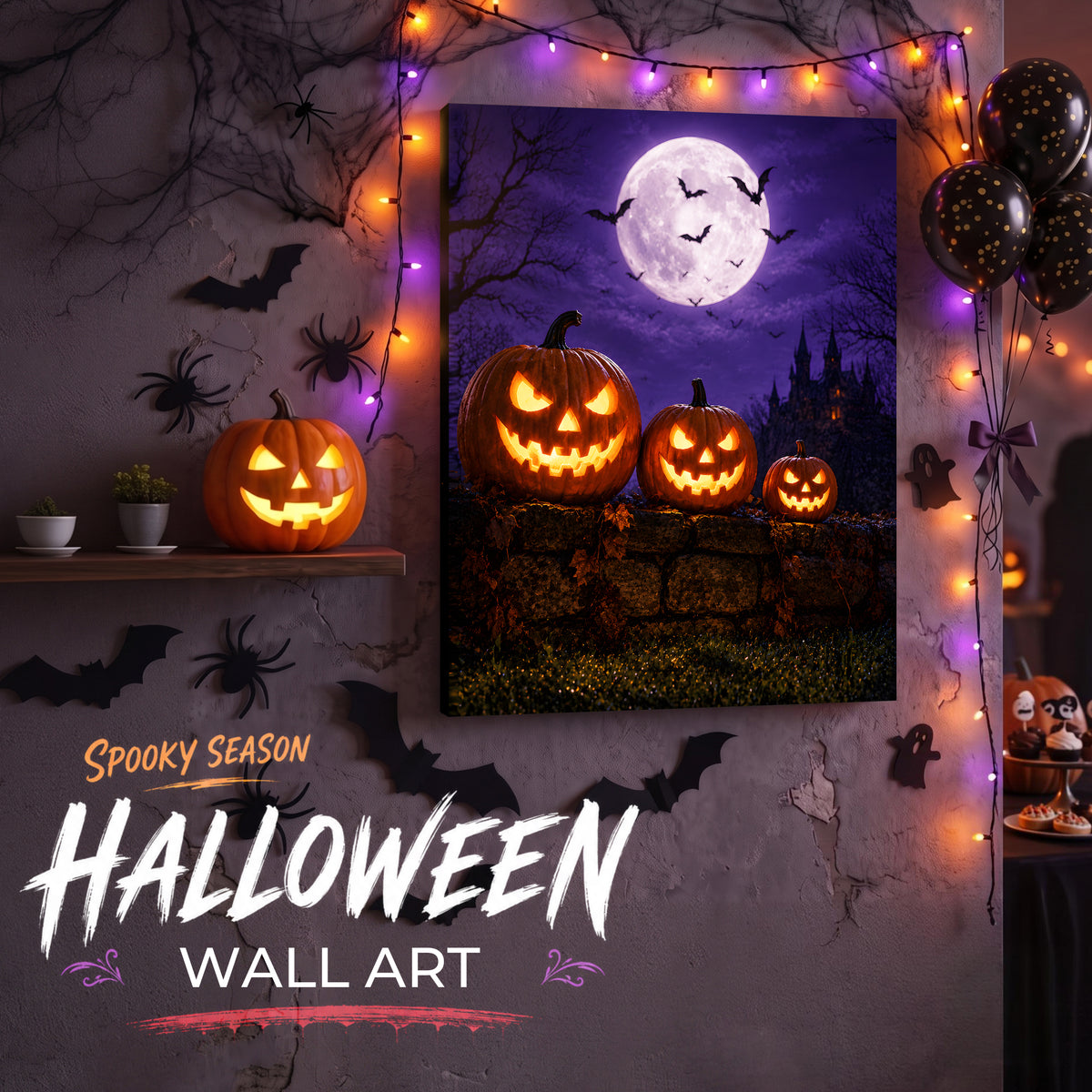 Evil Pumpkin Halloween Canvas Wall Art, Spooky Jack-o’-Lantern Decor