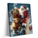 Santa Claus with Teddy Bear Christmas Canvas Wall Art, Santa Delivering Gifts on a Snowy Rooftop Holiday Decor