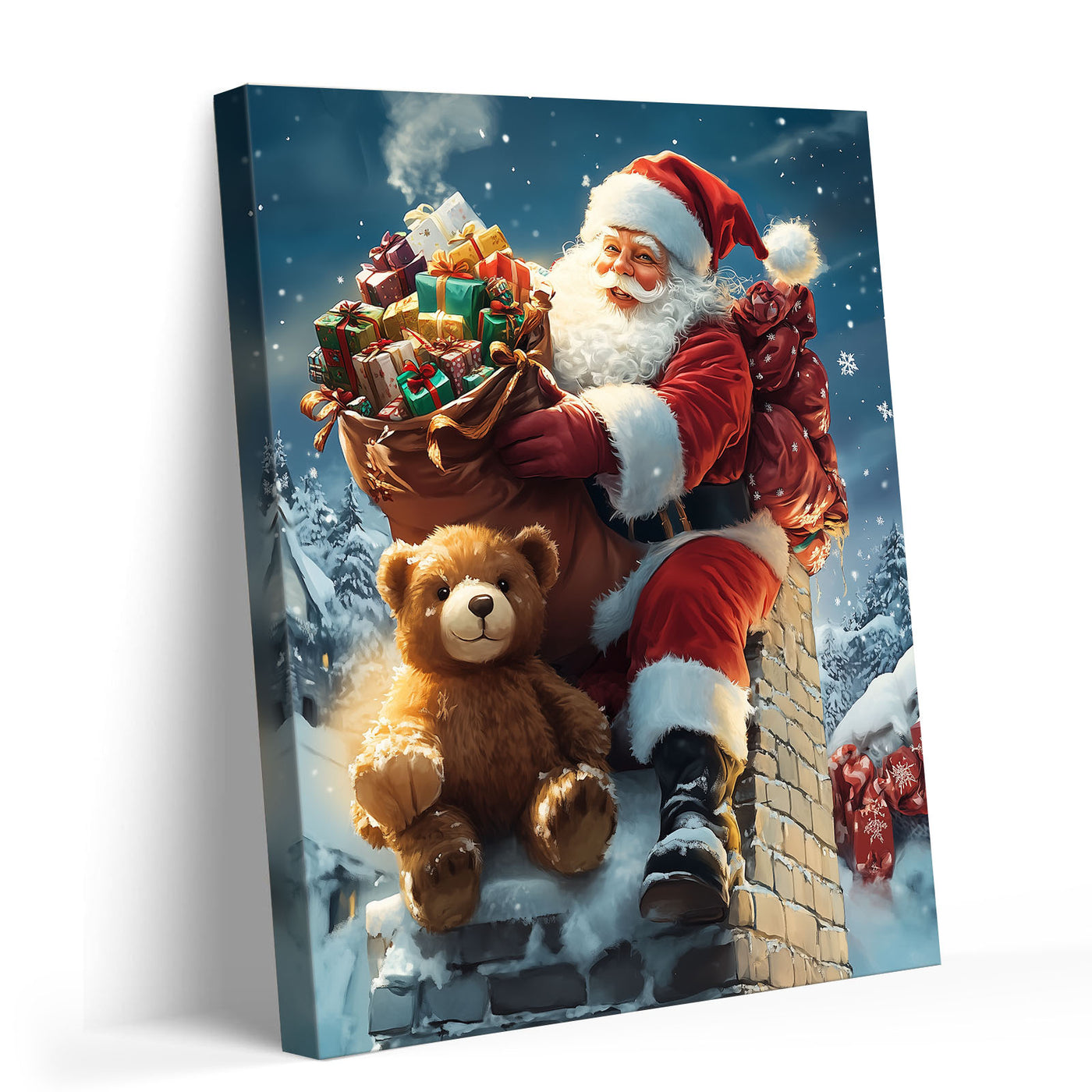 Santa Claus with Teddy Bear Christmas Canvas Wall Art, Santa Delivering Gifts on a Snowy Rooftop Holiday Decor