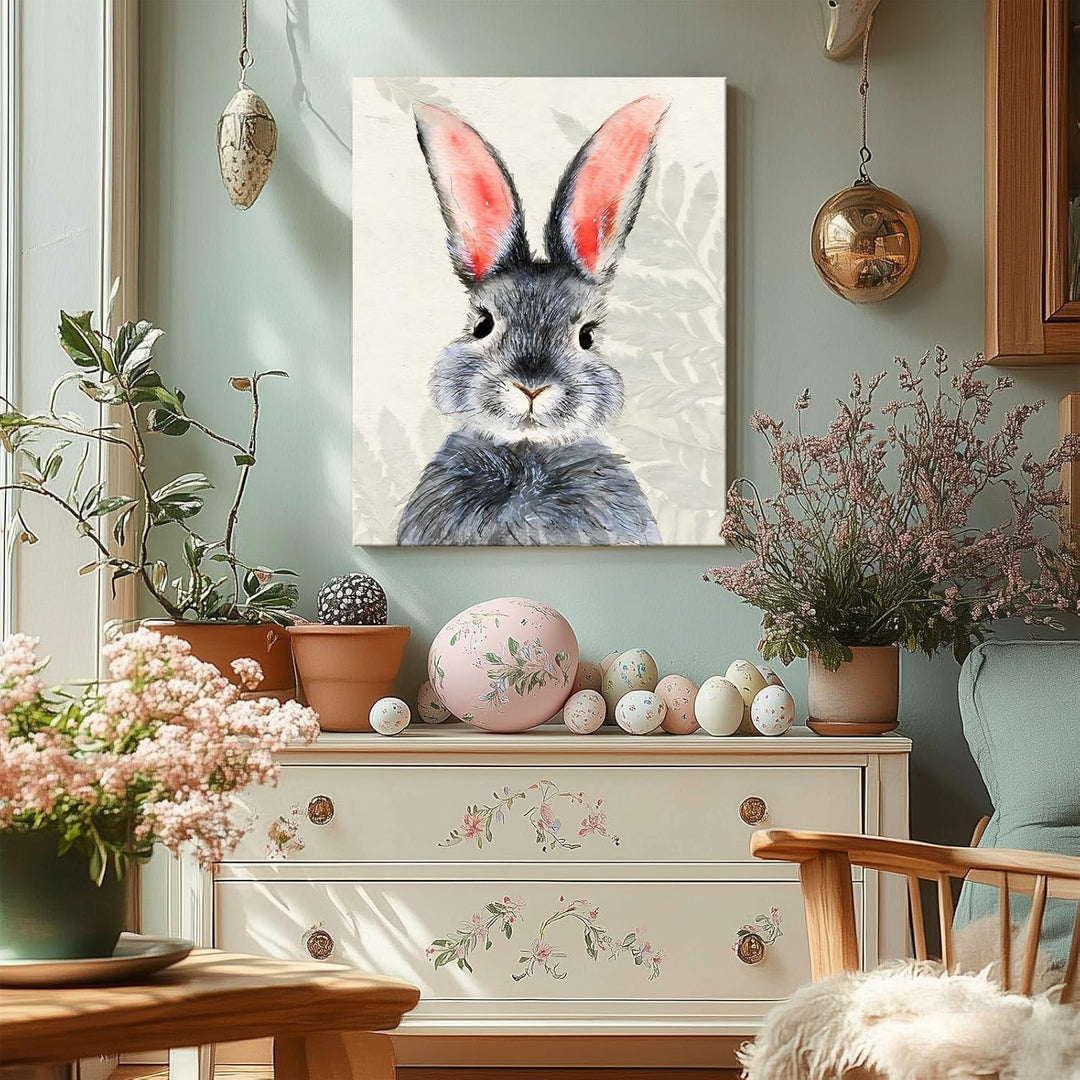 Rustic Easter Bunny Canvas Wall Art, Plants Background Farmhouse Decor Retro Print Painting Spring Aesthetic Artwork, Holiday Gift Bedroom Living Room Decoration