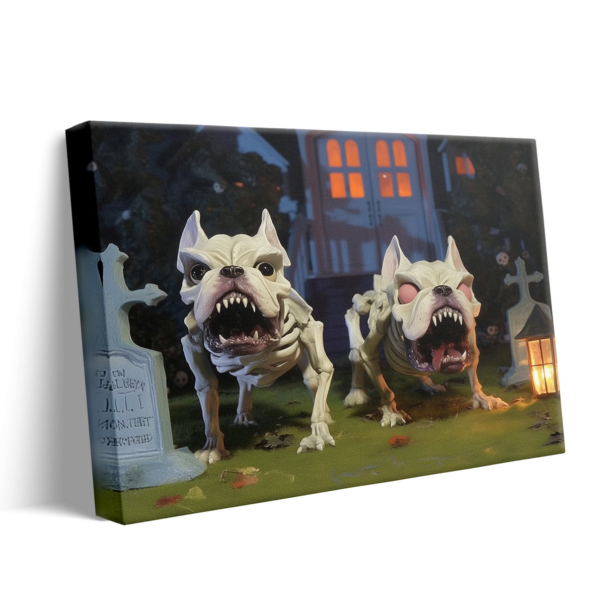 Spooky Skeleton Bulldogs in a Haunted Graveyard Illustration Dogs Wall Art