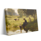 Mother and Child by the Pastoral Pond Nostalgic Impressionist Countryside Painting Wall Art
