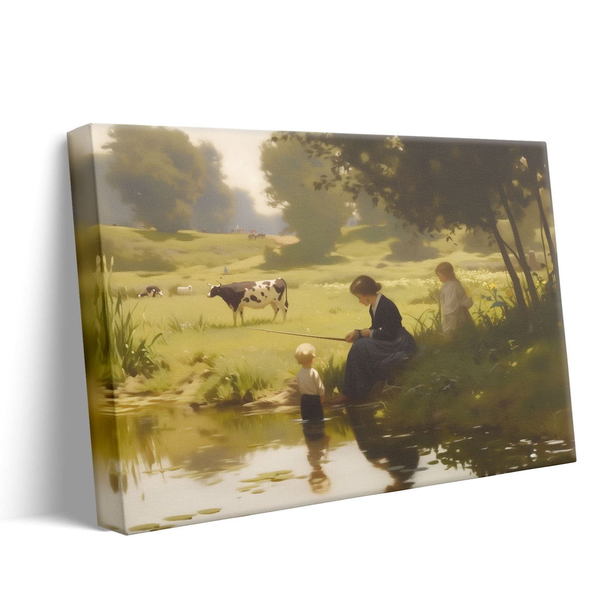 Mother and Child by the Pastoral Pond Nostalgic Impressionist Countryside Painting Wall Art