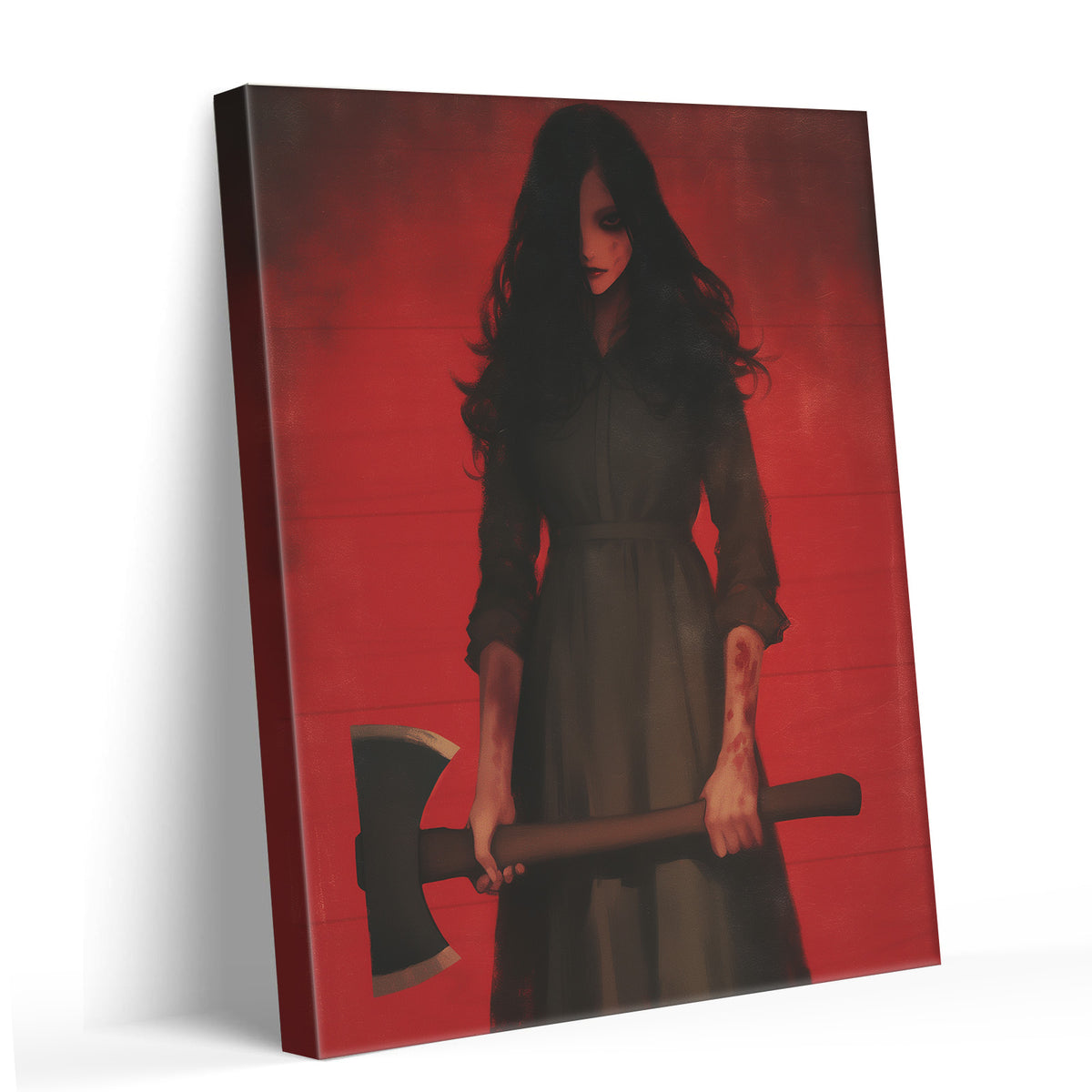 Female Horror Villain with Axe Dark Gothic Horror Portrait Painting Halloween Wall Art