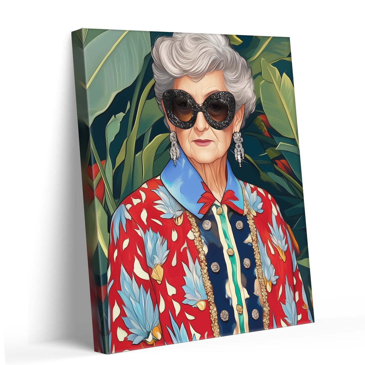 Retro Floral Grandma Portrait Painting Colorful Fashion Portrait Wall Art